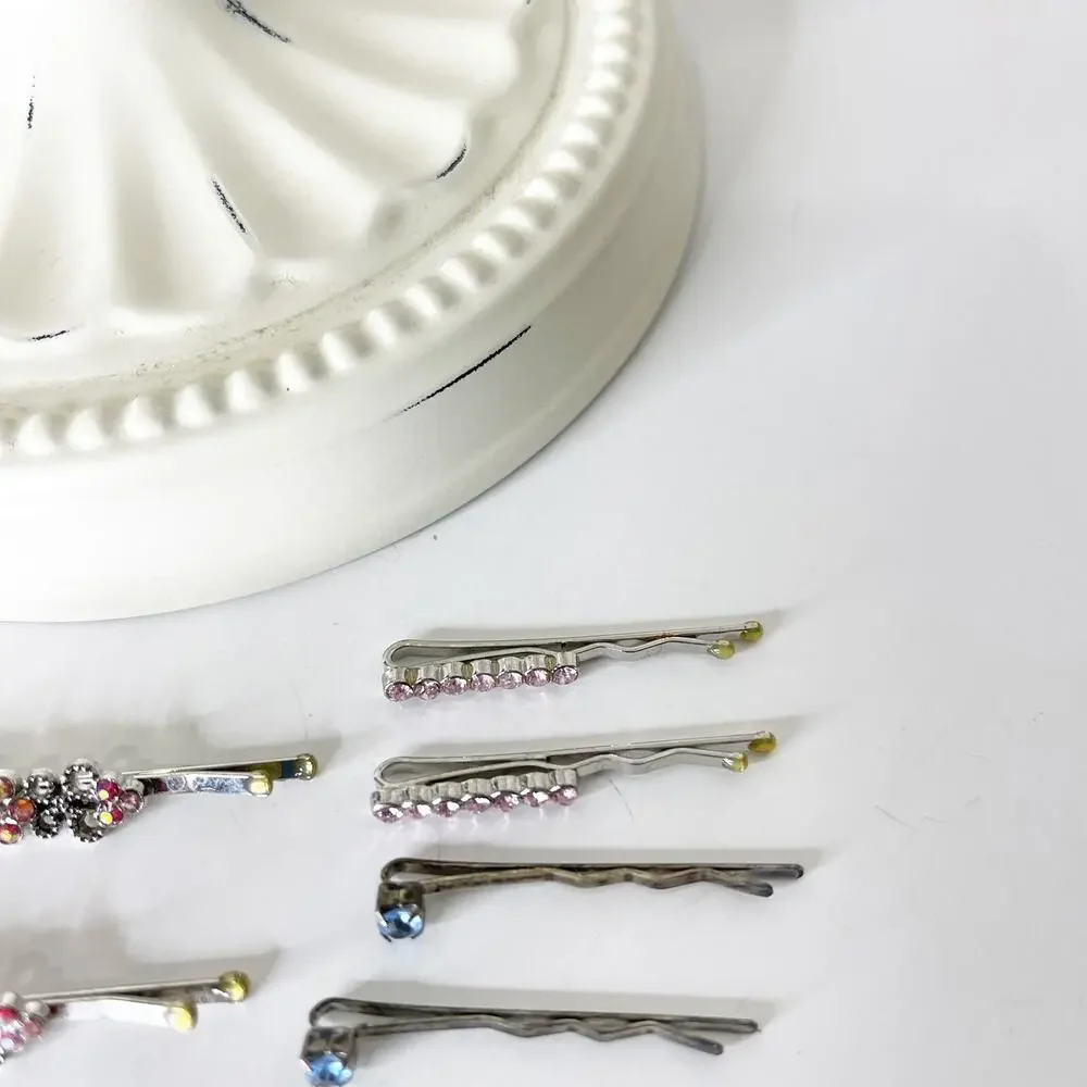 Lot‎ of 7 Vintage Y2K Rhinestone Silver Bobby Pins 90s Fashion Glam Sparkle